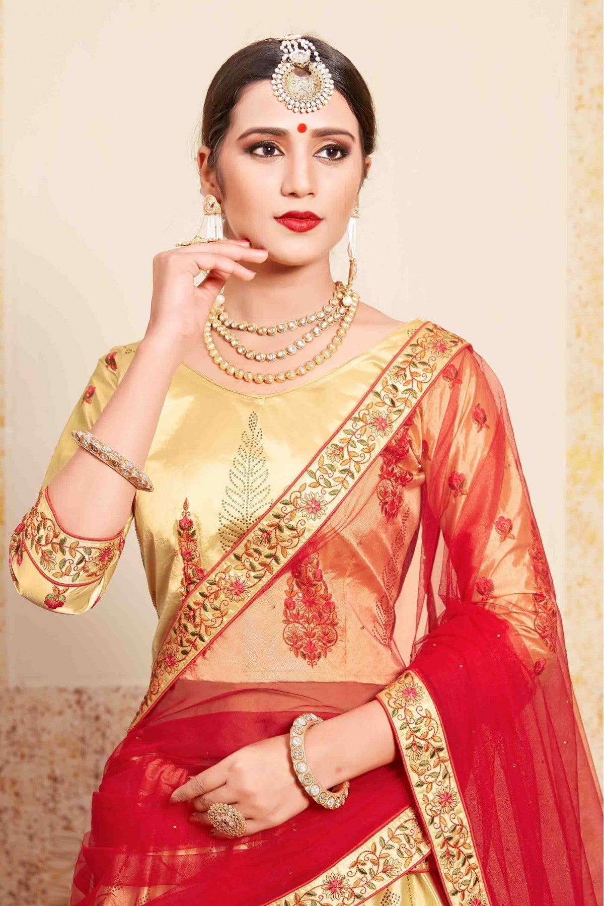 Beige Colour Satin Embroidery Lehenga Choli