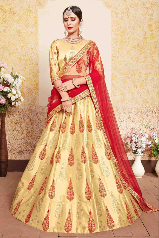 Beige Colour Satin Embroidery Lehenga Choli