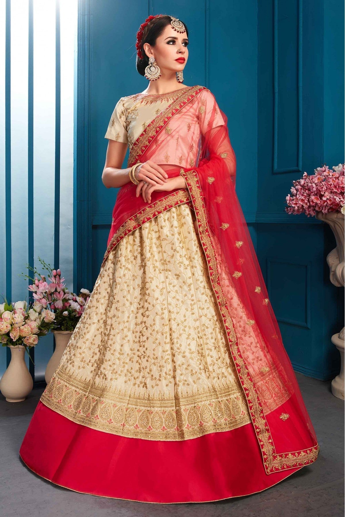 Beige Colour Satin Embroidery Lehenga Choli