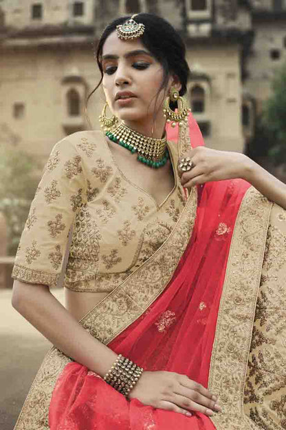 Beige Colour Satin Thread Work Lehenga Choli