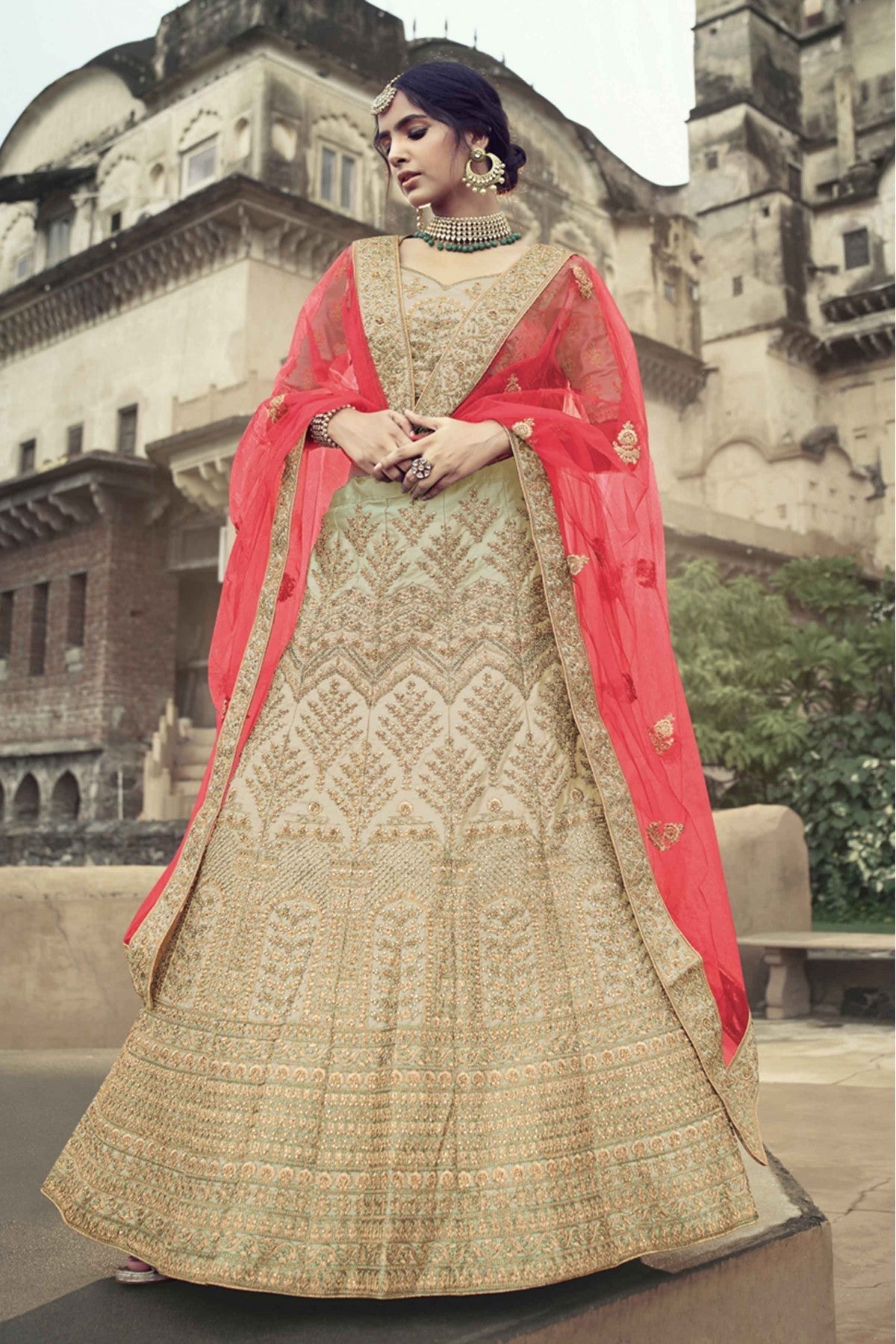 Beige Colour Satin Thread Work Lehenga Choli