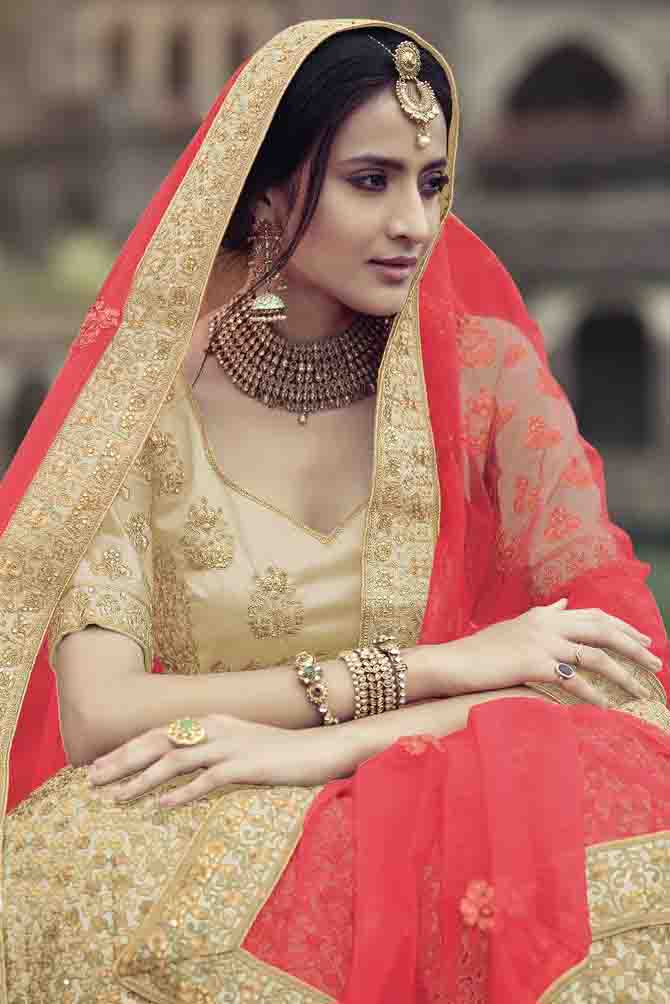 Beige Colour Satin Thread Work Lehenga Choli