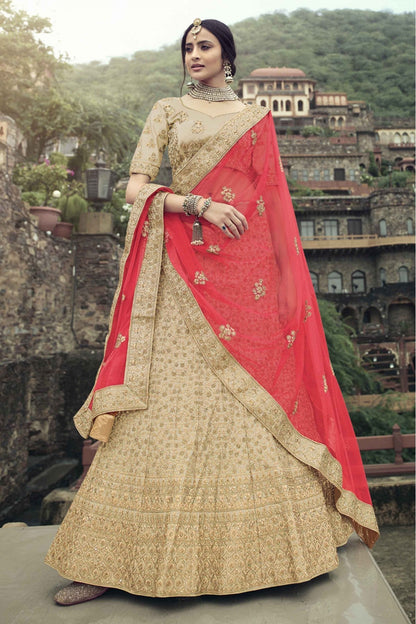 Beige Colour Satin Thread Work Lehenga Choli