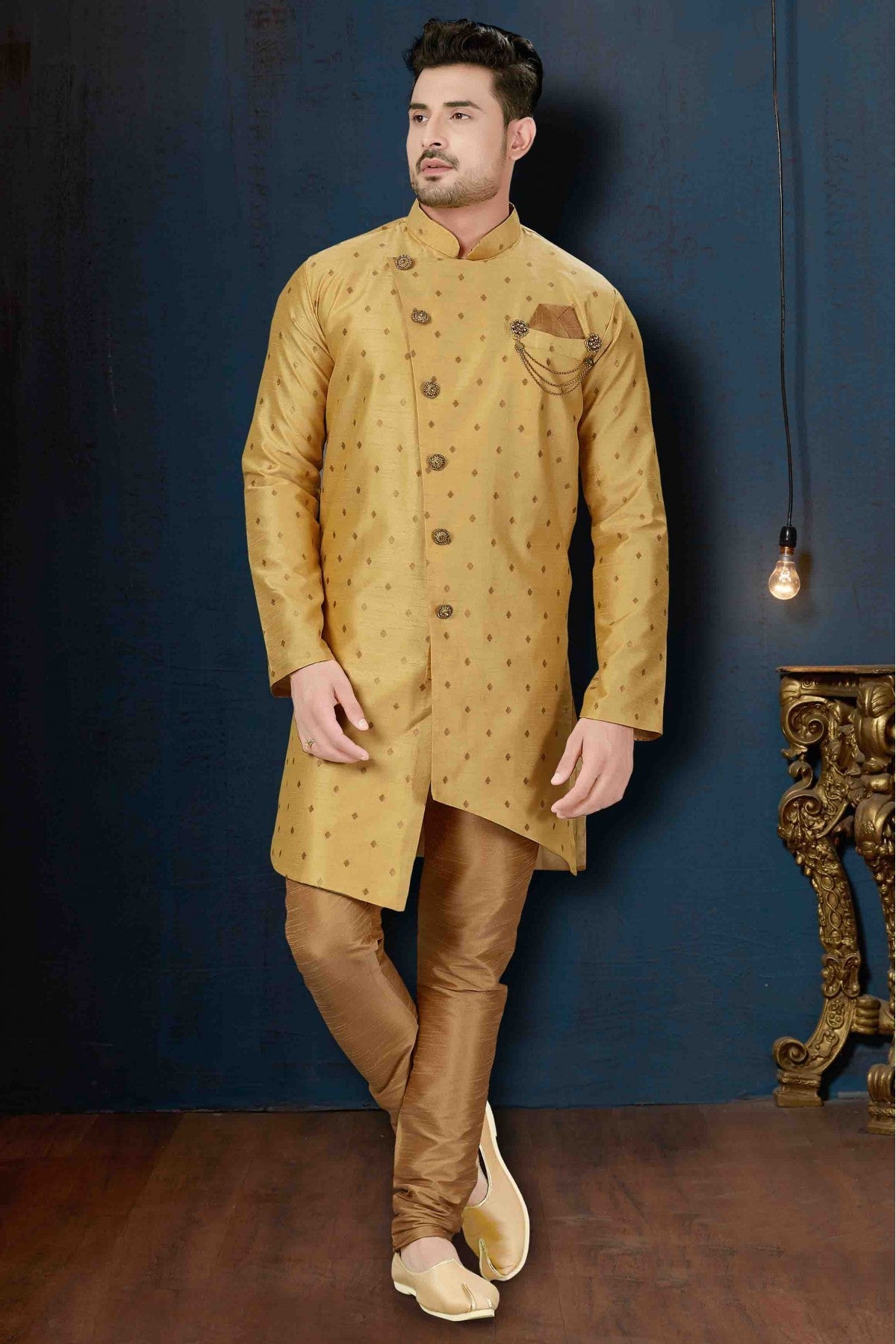 Beige Colour Silk Party Wear Indo Western Sherwani VSSH1040232