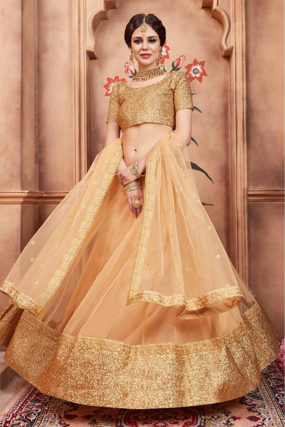 Beige Colour Soft Net Sequins Work Lehenga Choli