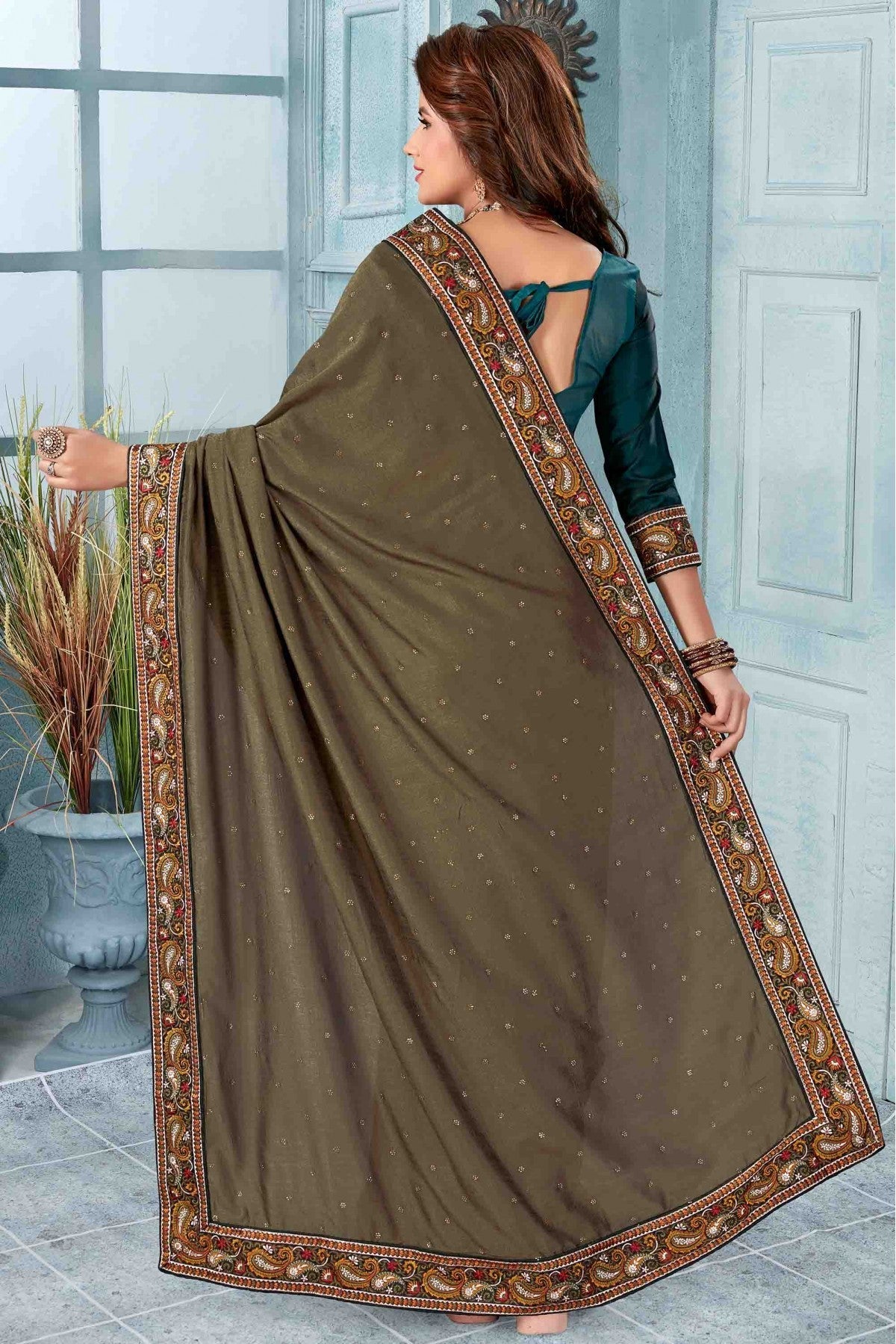 Beige Colour Vichitra Silk Designer Saree