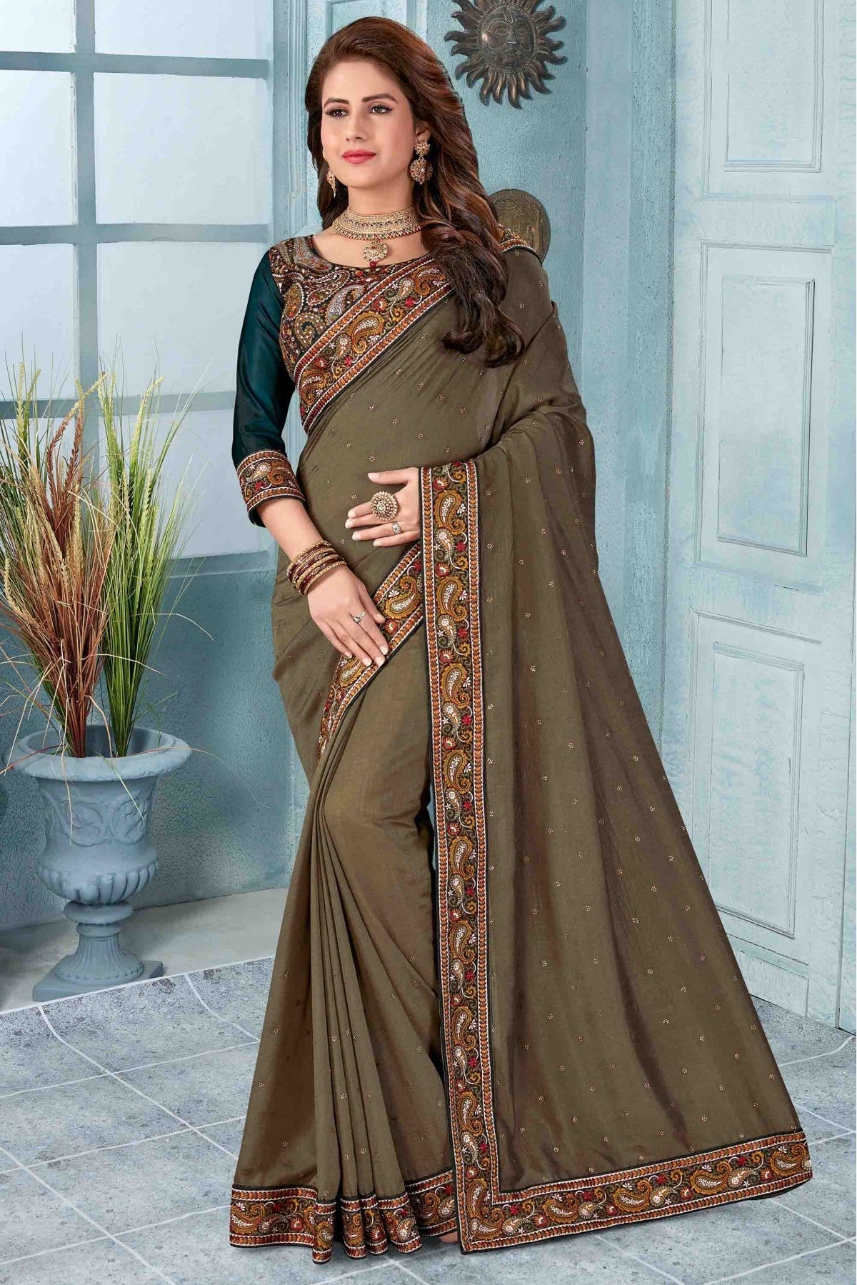 Beige Colour Vichitra Silk Designer Saree