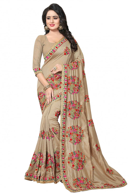 Beige Colour Vichitra Silk Embroidery Saree