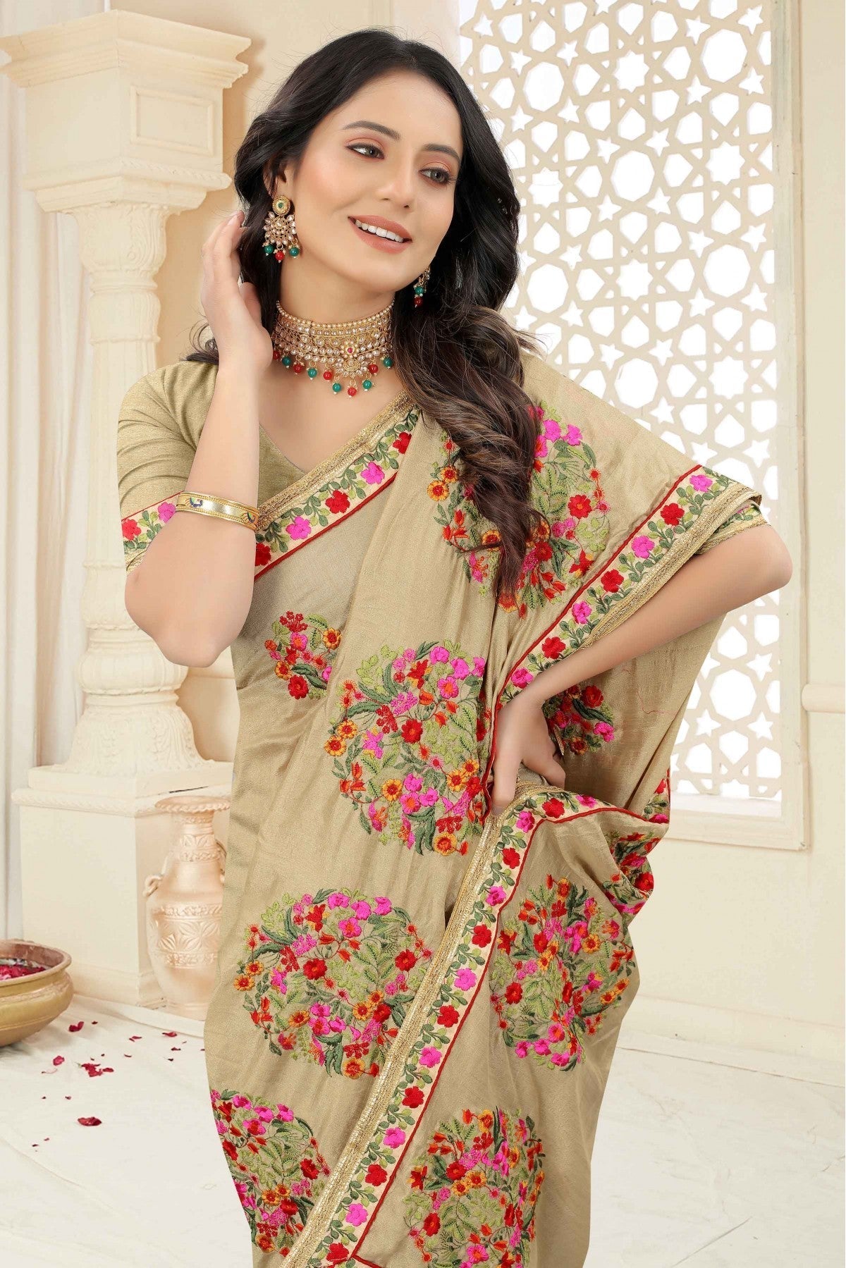 Beige Colour Vichitra Silk Embroidery Saree