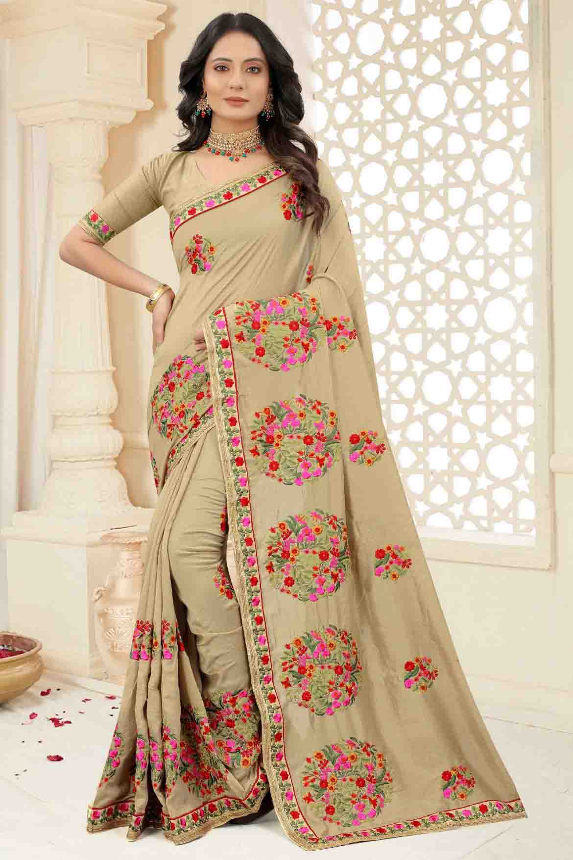 Beige Colour Vichitra Silk Embroidery Saree