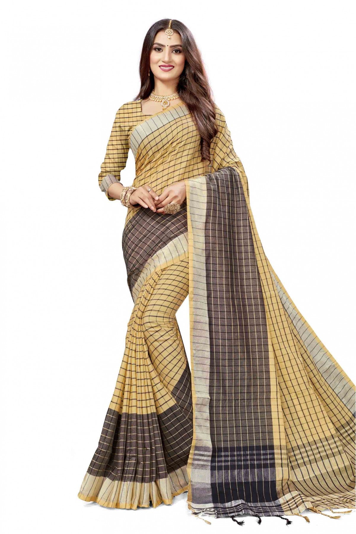 Beige and Black Colour Cotton Silk Woven Saree VSSD1100834