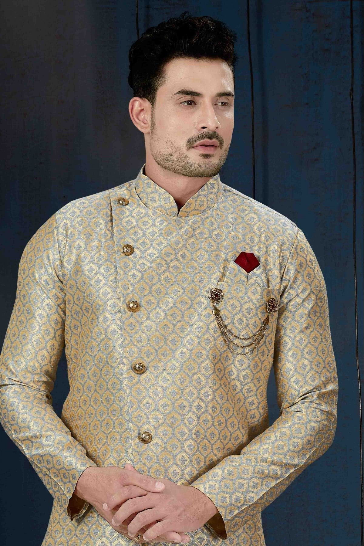 Beige and Blue Colour Jacquard Party Wear Dhoti Sherwani VSSH1040210