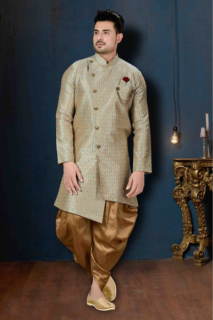 Beige and Blue Colour Jacquard Party Wear Dhoti Sherwani VSSH1040210