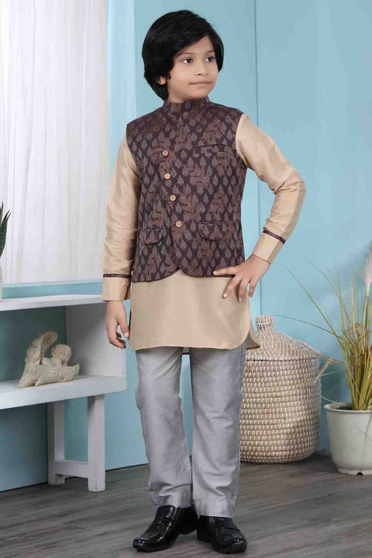 Beige and Brown Colour Cotton Silk Kurta Pajama With Jacket VSBW1070107