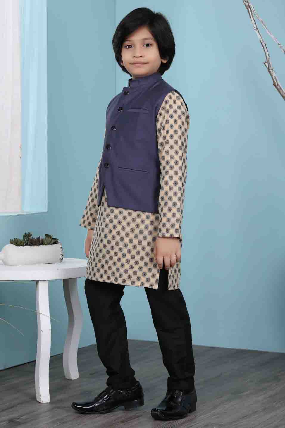 Beige and Navy Blue Colour Handloom Silk Kurta Pajama With Jacket VSBW1070110