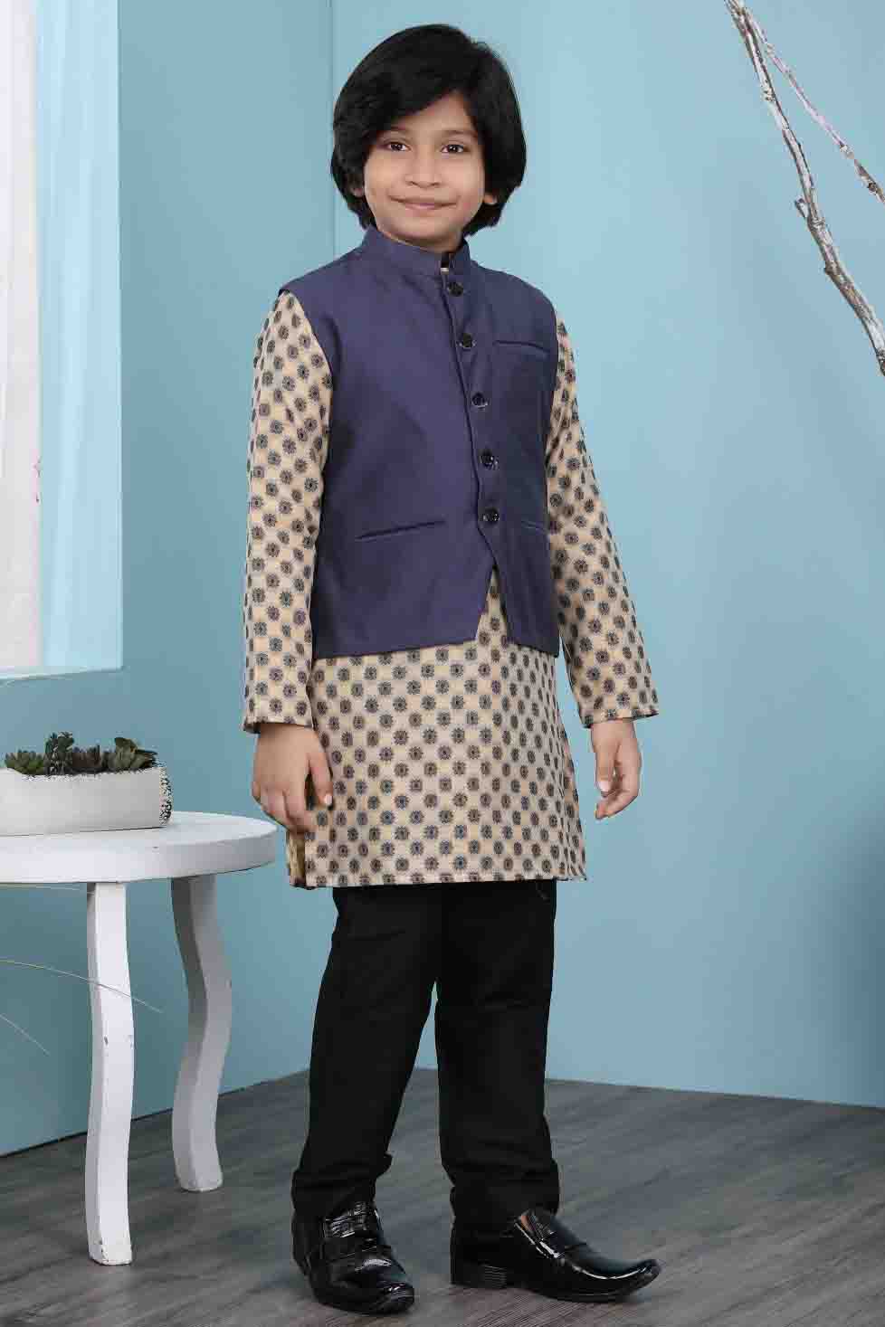 Beige and Navy Blue Colour Handloom Silk Kurta Pajama With Jacket VSBW1070110