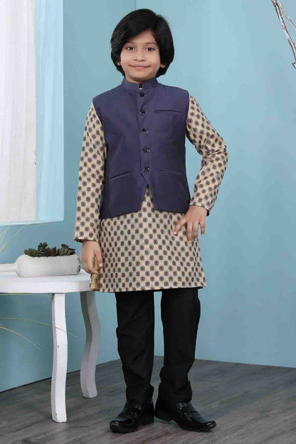 Beige and Navy Blue Colour Handloom Silk Kurta Pajama With Jacket VSBW1070110