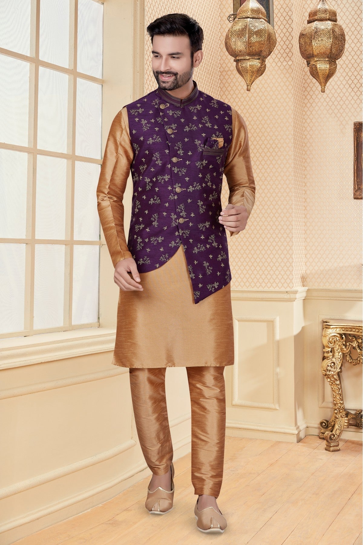 Beige and Purple Colour Kurta Pajama With Jacket In Silk Dupion Fabric VSKP1040174