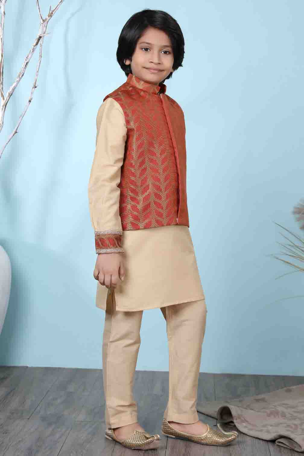 Beige and Rust Colour Cotton Silk Kurta Pajama With Jacket VSBW1070097