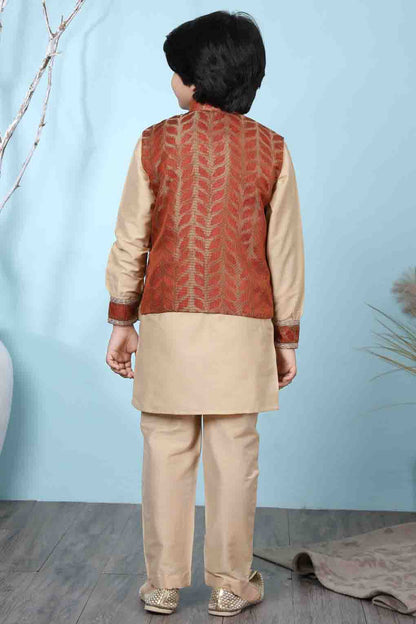 Beige and Rust Colour Cotton Silk Kurta Pajama With Jacket VSBW1070097