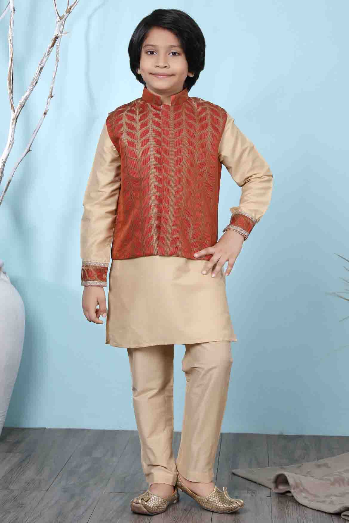 Beige and Rust Colour Cotton Silk Kurta Pajama With Jacket VSBW1070097