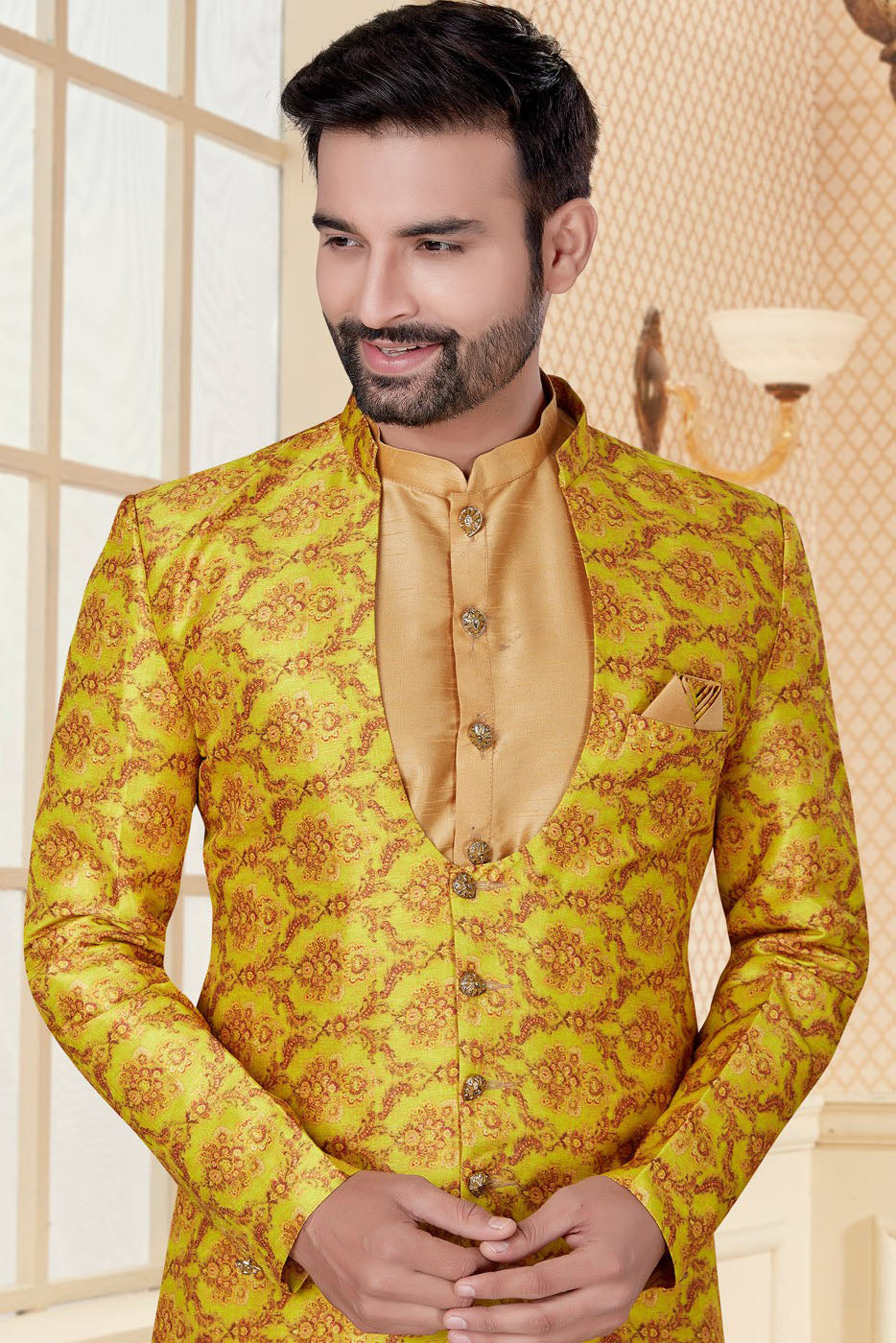 Beige and Yellow Colour Silk Dupion Indo Western VSSH1040249