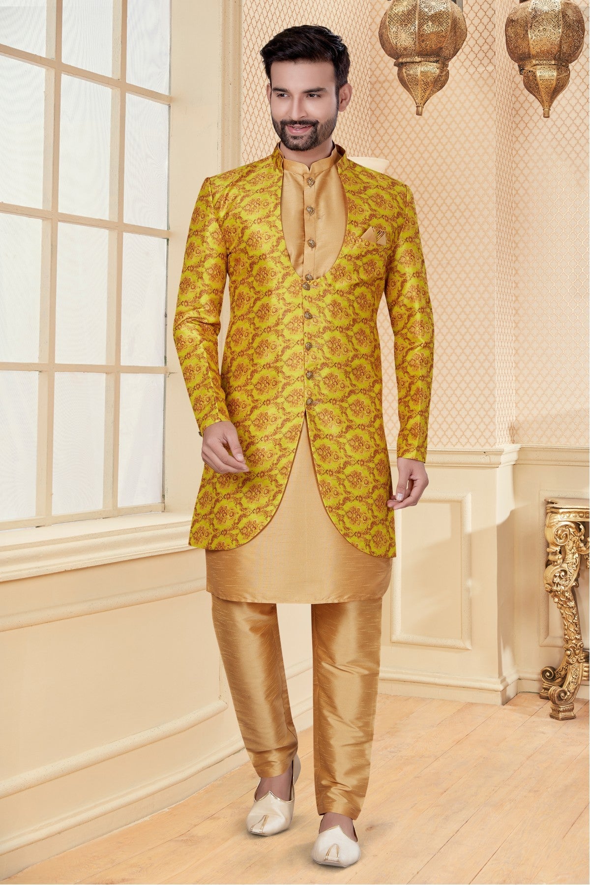 Beige and Yellow Colour Silk Dupion Indo Western VSSH1040249