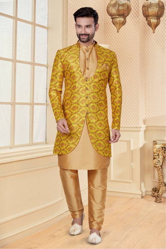 Beige and Yellow Colour Silk Dupion Indo Western VSSH1040249