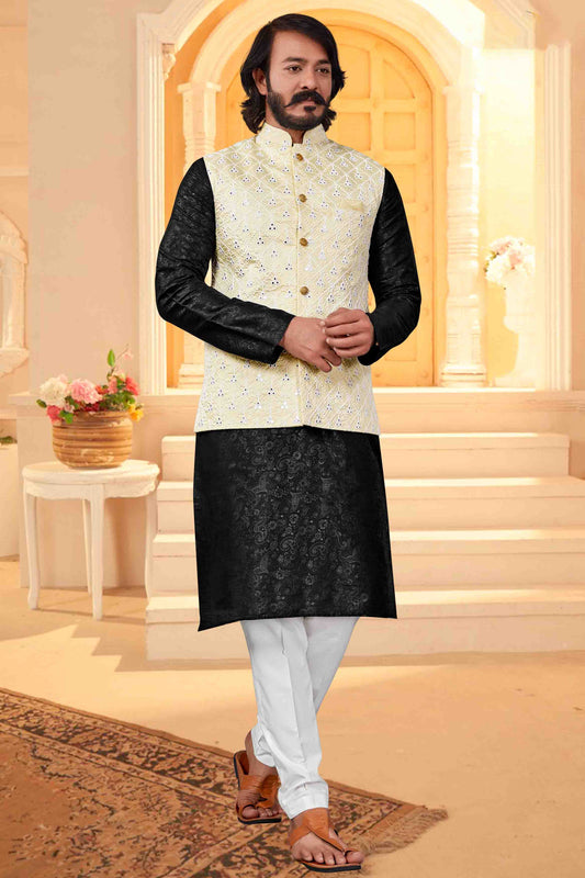 Black  Colour Kurta Pajama With Jacket In Art Silk