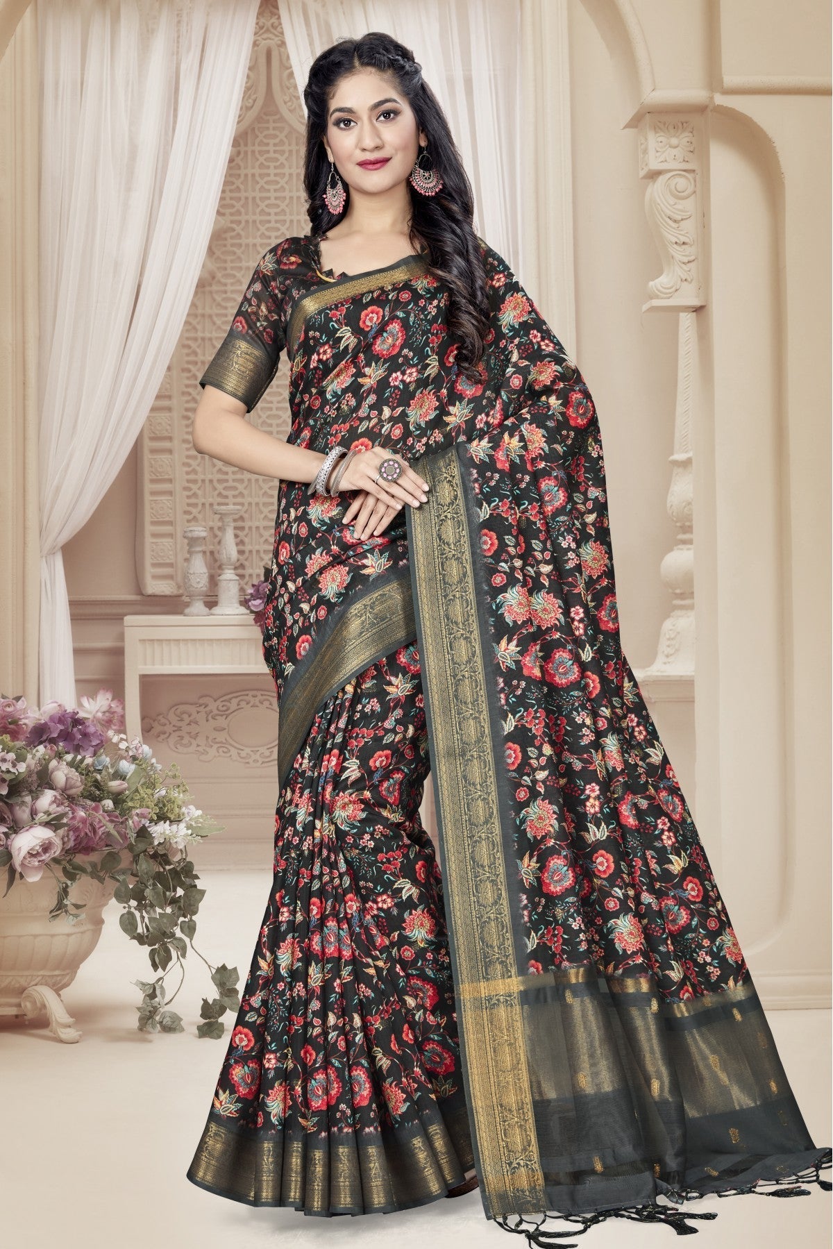 Black Colour Art Silk Digital Print Saree