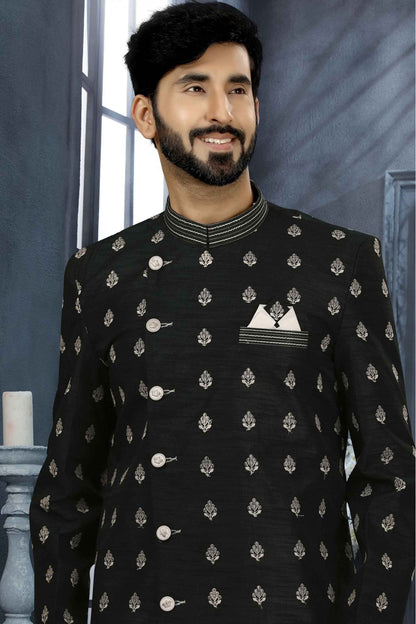 Black Colour Art Silk Thread Work Sherwani VSSH1040343