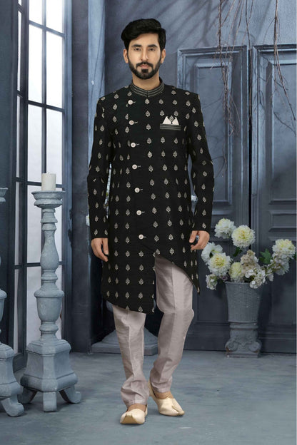 Black Colour Art Silk Thread Work Sherwani VSSH1040343