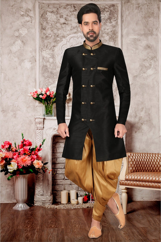 Black Colour Brocade Silk Dhoti Sherwani VSSH1040297