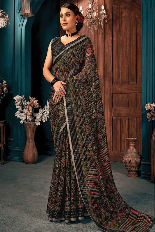 Black Colour Cotton Printed Saree