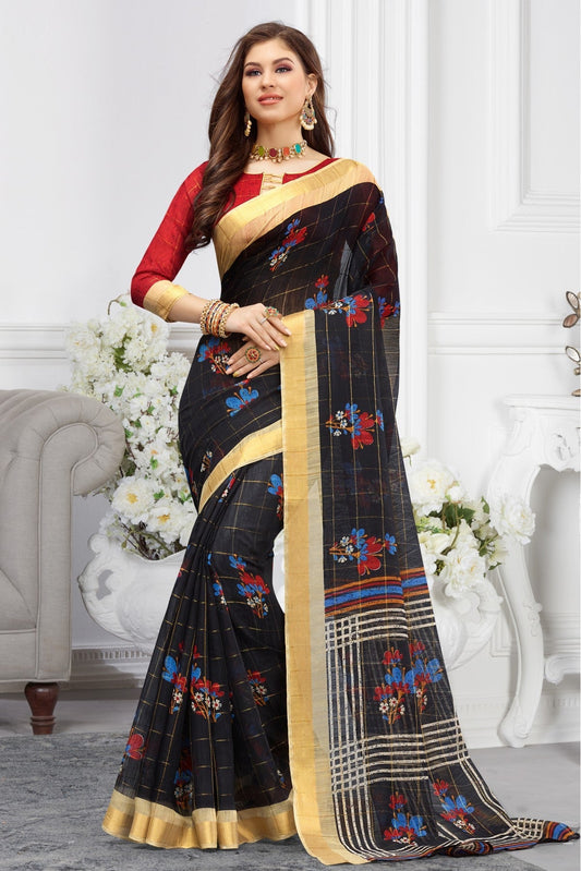 Black Colour Cotton Traditional Saree