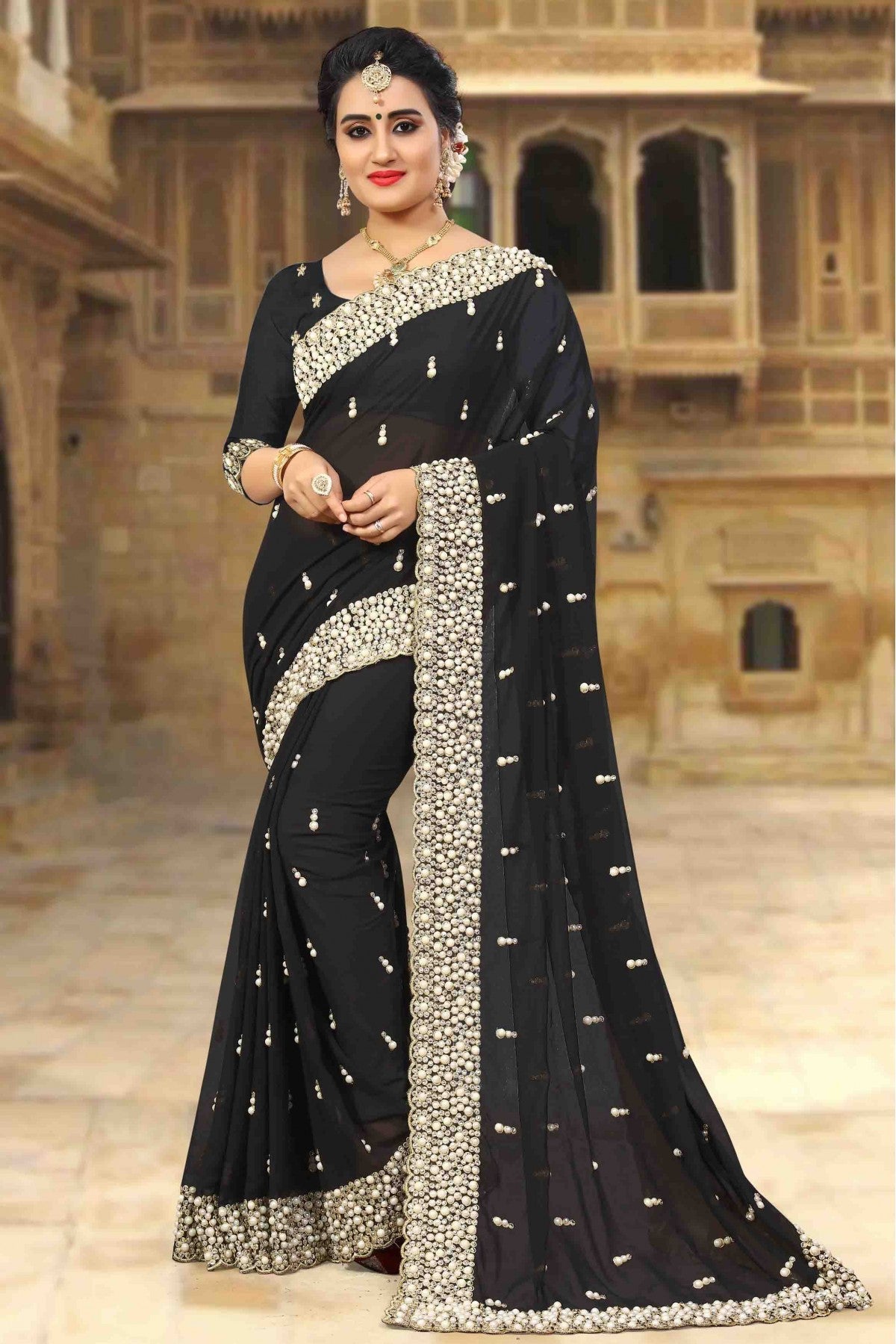 Black Colour Georgette Designer Saree