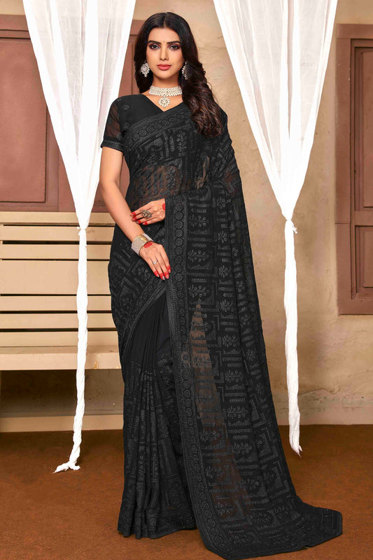 Black Colour Georgette Designer Saree