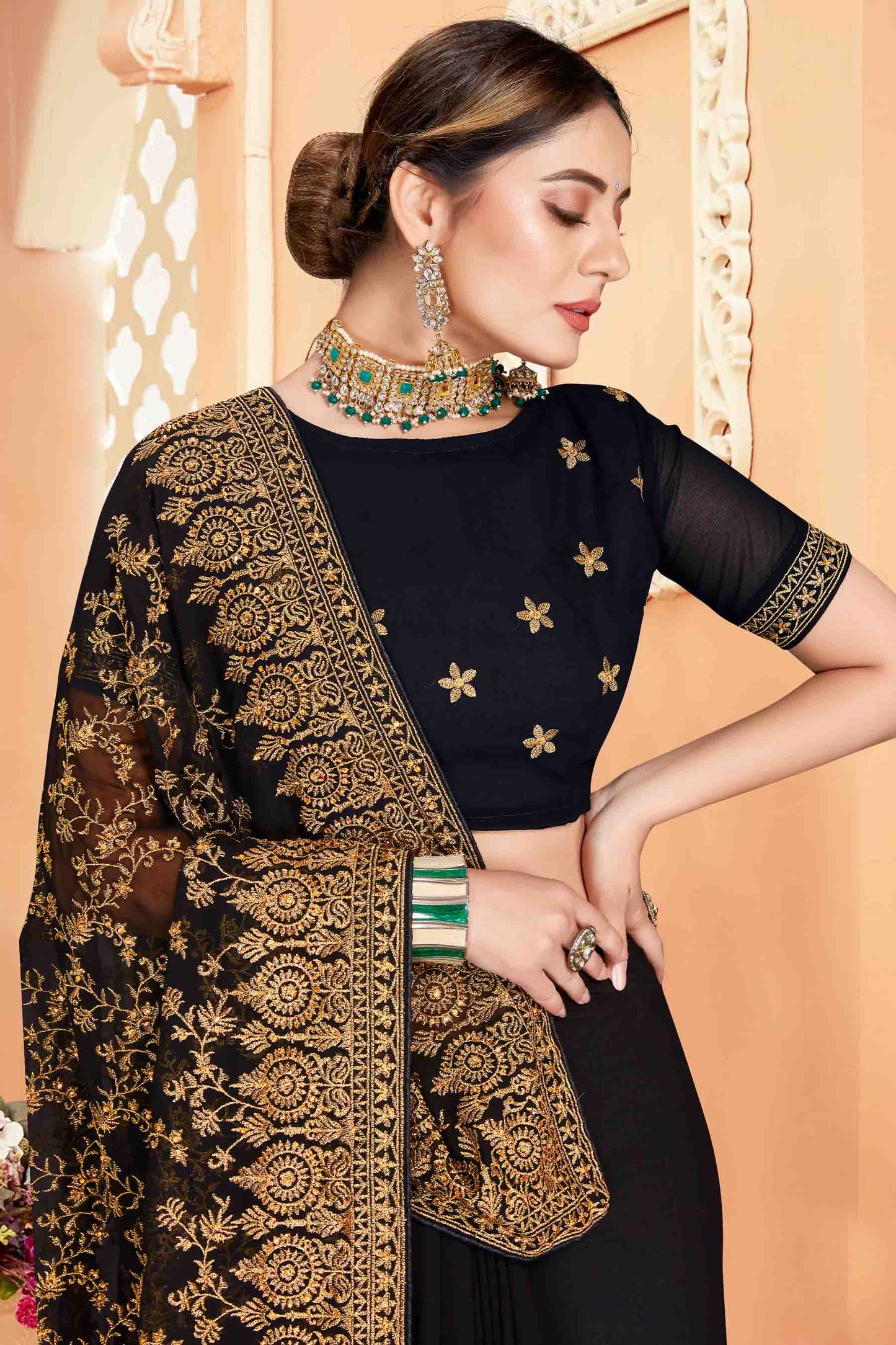 Black Colour Georgette Designer Saree