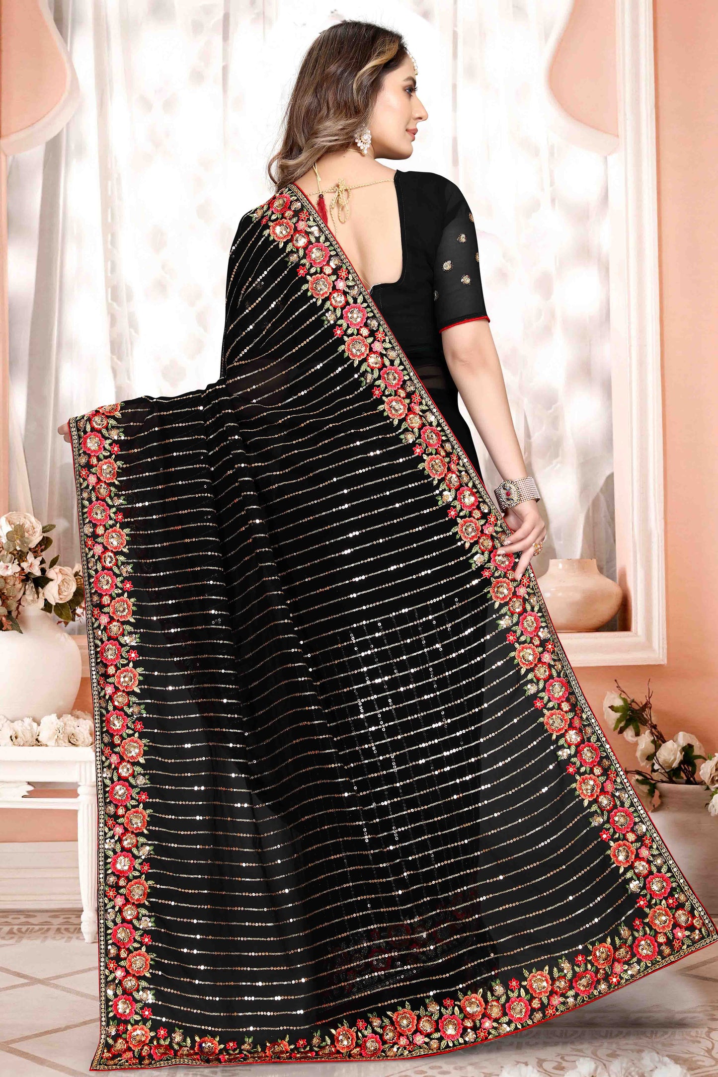 Black Colour Georgette Designer Saree