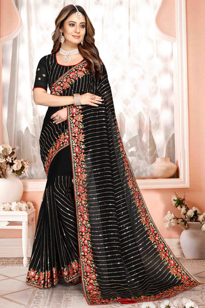 Black Colour Georgette Designer Saree