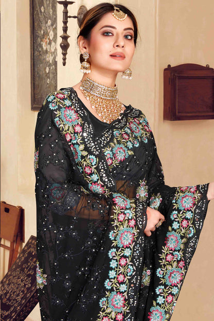 Black Colour Georgette Designer Saree