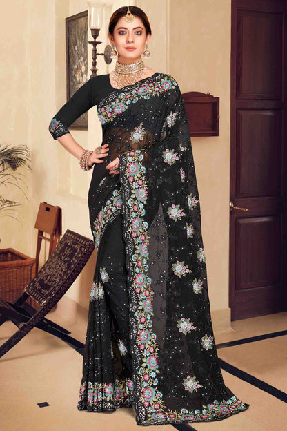 Black Colour Georgette Designer Saree