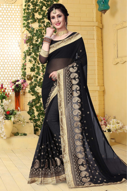 Black Colour Georgette Embroidered Saree