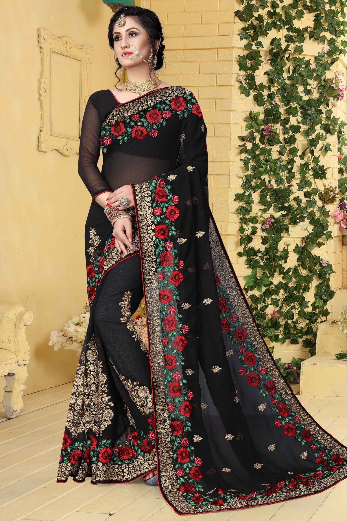 Black Colour Georgette Embroidered Saree