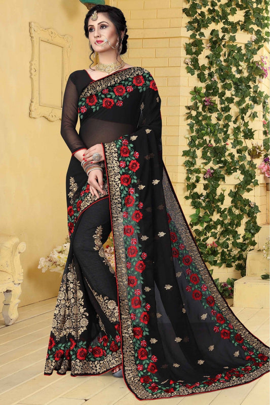 Black Colour Georgette Embroidered Saree