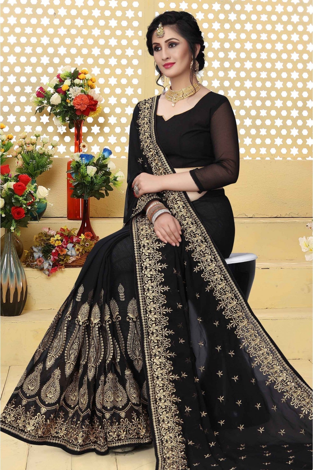 Black Colour Georgette Embroidered Saree