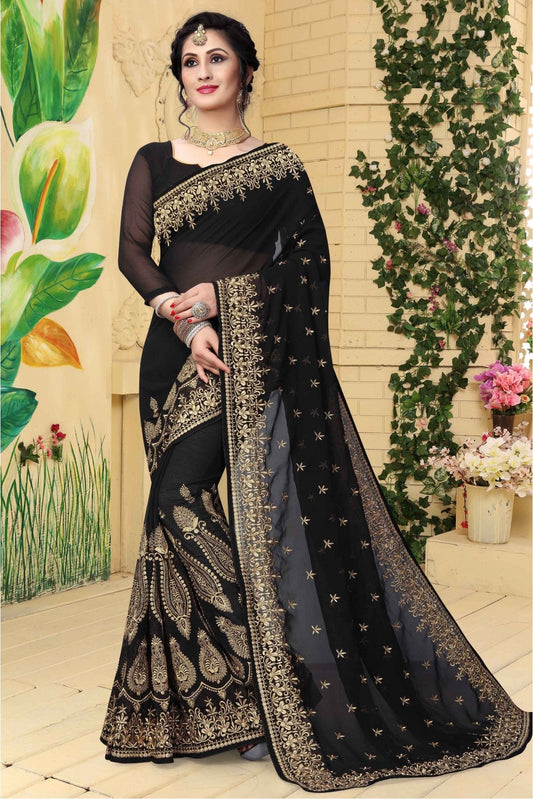 Black Colour Georgette Embroidered Saree