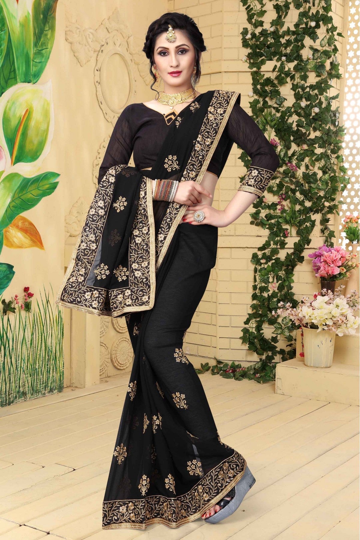 Black Colour Georgette Embroidered Saree