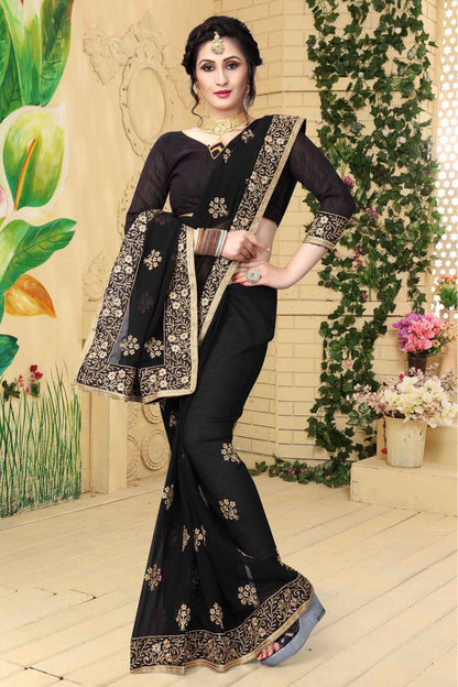 Black Colour Georgette Embroidered Saree