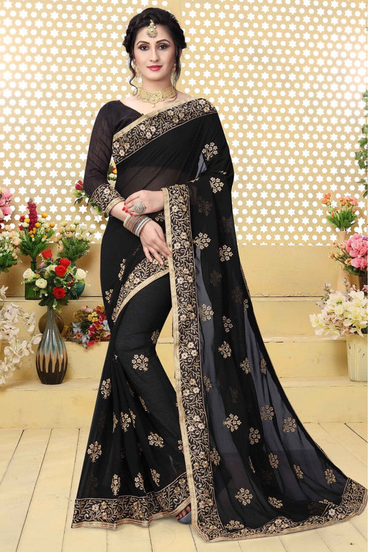 Black Colour Georgette Embroidered Saree